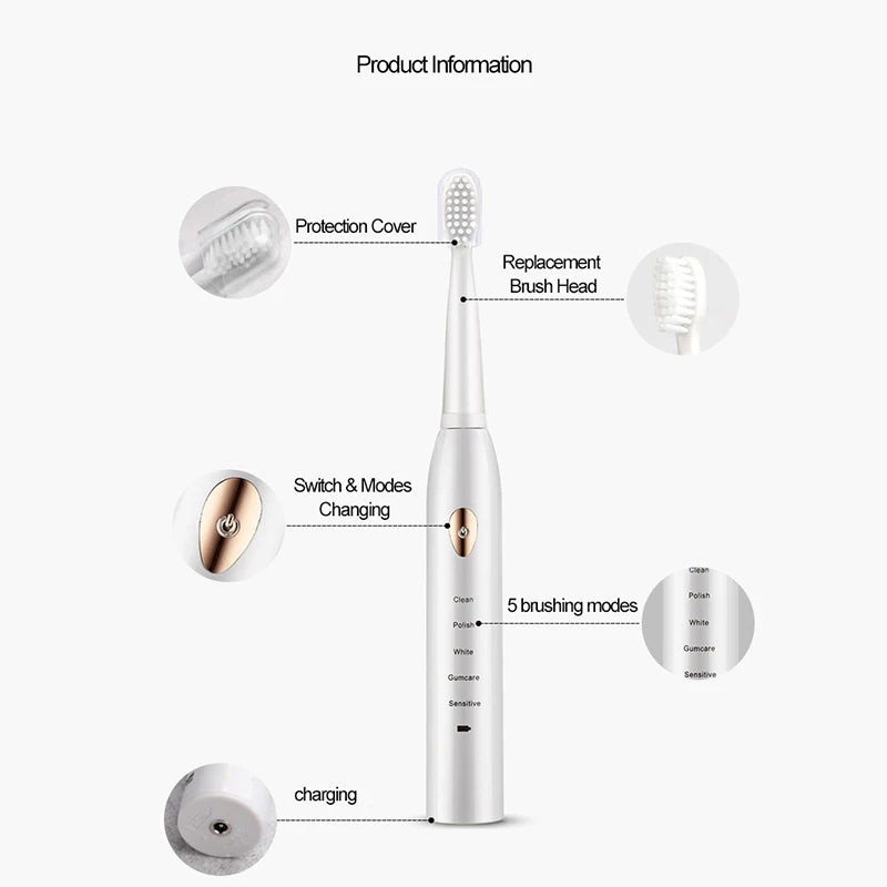 Ultrasonic Sonic Electric Toothbrush For Adult Rechargeable Tooth Brushes Washable Electronic Whitening Teeth Brush Timer Brush